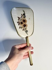 Antique Vintage Brass Hand Held Mirror, Floral Design, Made in England 