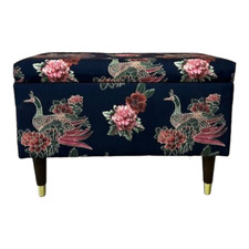 Long Storage Box Sewing Box Ottoman - Stunning Navy Blue Peacock Design Fabric