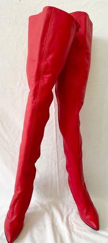 Red leather thigh boots - red,