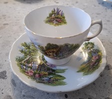 Royal Vale Country Cottage Bone China Cup and Saucer possible seconds VGC