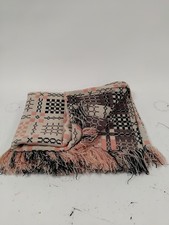 Vintage Woven Fringed Welsh Wool Blanket in Pink Black Cream Geometric Pattern
