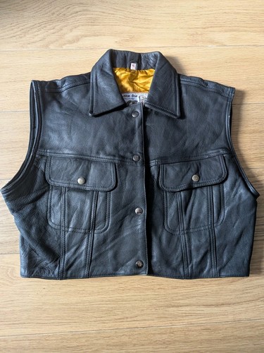 Black leather biker waistcoat - leather,