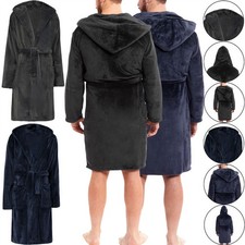 Mens Dressing Gown Hooded Teddy Fleece Velour Bath Robe Super Plush Soft Cosy