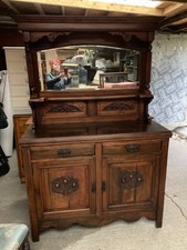 Vintage Antique Brown Wooden Sideboard Chiffonier With Mirror Cabinet Drawers