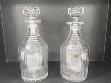 Vintage Pair of Cut Glass Crystal Decanters with Stoppers 10in Tall