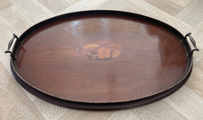 Antique Edwardian inlaid oval drinks tray, brass handles, leaf inlay