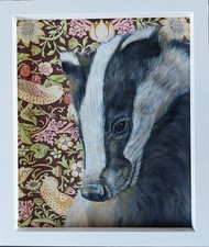 Original wildlife Badger picture painting William Morris art Nouveau fabric 