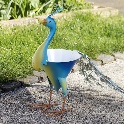 Metal blue peacock planter - metal,