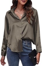 Women Silk Satin Shirt Long Sleeve Formal Work shirts Shiny Blouse Top Elegant