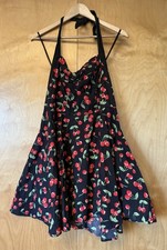 Hell Bunny Mini Dress Cherry Print Halter Neck Size XL 16-18 Rockabilly Pin Up