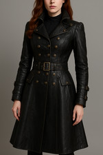 Women's Steampunk Black Leather Trench Coat – Gothic Victorian Military Jacket