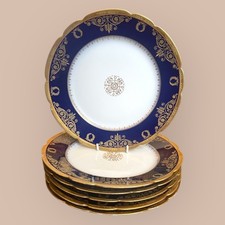 Set of 6 Antique GDA Limoges France Dessert Plates, Cobalt & Gold, c.1920s