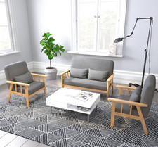 MONDEER 1/2 Seater Armchair Couch Sofa w/ Cushion Wooden Linen Fabric Lounge