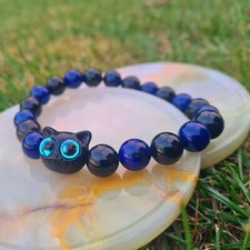 Cute Eyes Cat Healing Bracelet with Natural dyed Lapis Lazuli & Shiny Obsidian,