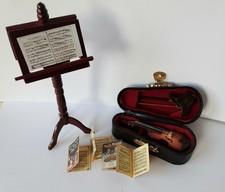 1:12 Dolls House Music Stand, Violin & Bow In Hard Case + Sheet Music