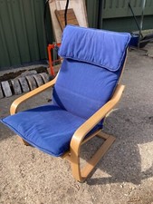 Ikea Poang Wooden Armchair with Blue Fabric Seat & Back