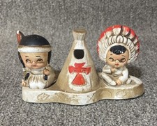 Vintage Native American Indian Boy & Girl Salt/Pepper Shakers Teepee Toothpick