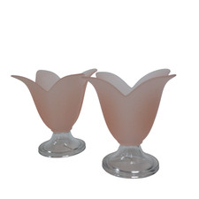 Pair of Pink Frosted Tulip Glass Shades with Clear Bases Vintage Style Pre-Owned