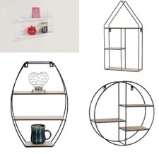 Metal Wire Wood Wall Shelf Modern Round / Oval / House Shape Storage Shelf Black