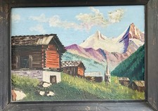Beautiful Vintage French Original Painting. Log Cabin & Mountain Scene. Stunning