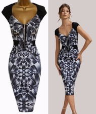 KAREN MILLEN ❤ CLASSIC BLACK & GREY GRAPHIC GEO PRINT PENCIL DRESS ❤ UK 10