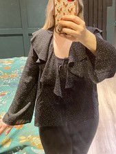 Topshop Size 10 Black & White Polka Dot Tie Front Blouse Ruffle Collar