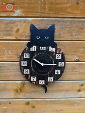 KITTEN TICKIN' BLACK CAT SWINGING TAIL PENDULUM WALL CLOCK. Boxed, New