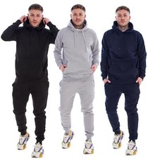 Mens Hooded Plain Tracksuit Fleece Ribbed Cuff Sweatshirts Cotton Blend Joggers