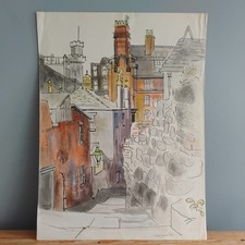 Original Gouache & Pencil Street Scene Newcastle Landscape Art By FK Owen