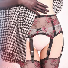 High Waisted 6 Strap Black Floral Design Suspender Belt With 19mm Metal Clasps