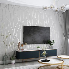 Modern 3D Damask Garland Vine Sliver Grey Wave Stripe Wallpaper Roll Home Decor