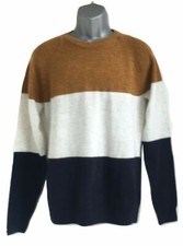 Men's Ex Store Block Colour Knit Jumper Crew Neck Long Sleeve Acrylic & Wool 