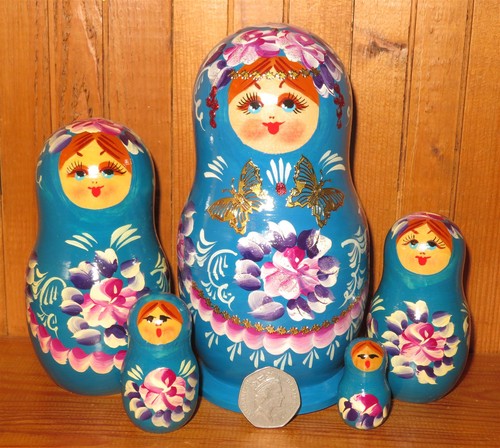 Blue art babushka - blue, butterfly