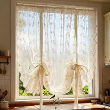 Beige Romantic Little Floral Woven Lace Tie Up Balloon Curtain for Kitchen Li...