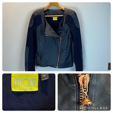 Topshop Unique Genuine Soft Leather Jacket UK10-12 Biker Blue Copper Zip Pockets