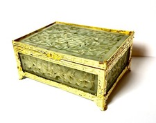Chinese Carved Jade Panels Trinket Jewelry Box Floral Vintage