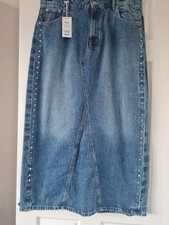 NEXT Ladies Long Blue Denim Skirt with Back Slit & Side Studs. Size 18L. BNWT.