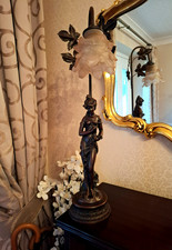 * ART NOUVEAU ART DECO BRONZE EFFECT LADY LAMP WITH PINK SHADE