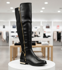 Women’s Black Over The Knee Flat Boots – Faux Leather Gold Zip Long Boots