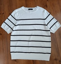F&F White Striped Jumper Short Sleeve Knitted Size Medium 12 14