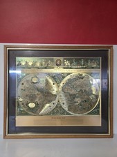 Vintage  Blaeu Wall Map Of The World Framed Gold Foil Decorative
