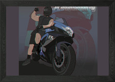 Boy next to motorcycle Framed