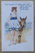 Comic Glamour Woman Bathing Costume & Donkey on Beach Seaside, Postcard 1923