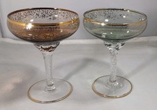 Vintage Pair of Harlequin Stemmed Champagne Coupe Glasses Hand Made Gilded 