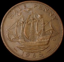 UK Half Penny 1965 Elizabeth II Bronze Coin WCA A679
