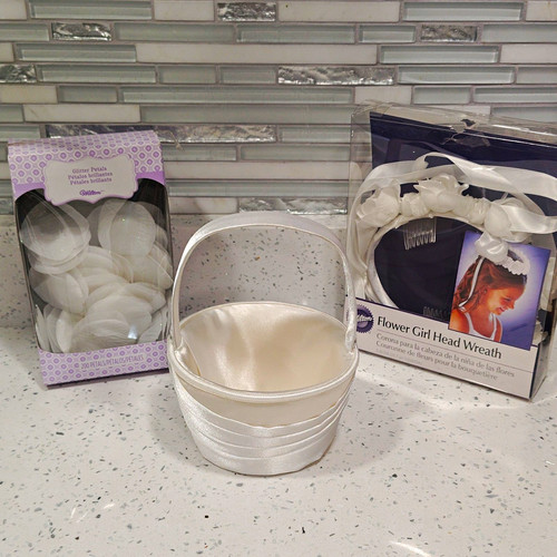 White satin flower girl basket - flower,