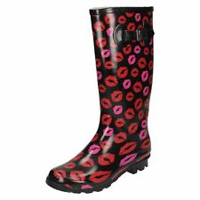 LADIES SPOT ON LIP PRINT WELLIES OUTDOOR FESTIVAL PULL ON WELLINGTON BOOTS X1173
