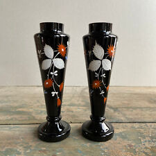 Pair Black Amethyst Glass Enamel Painted Bud Vases Dragonfly & Floral