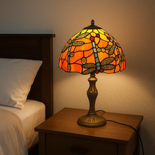 Tiffany Dragonfly Antique Style 10 inch Orange Table Lamp Stained Glass Bedside