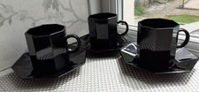 Vintage Arcoroc Octime Black Octagonal 3 Tea Coffee Cups & Saucers